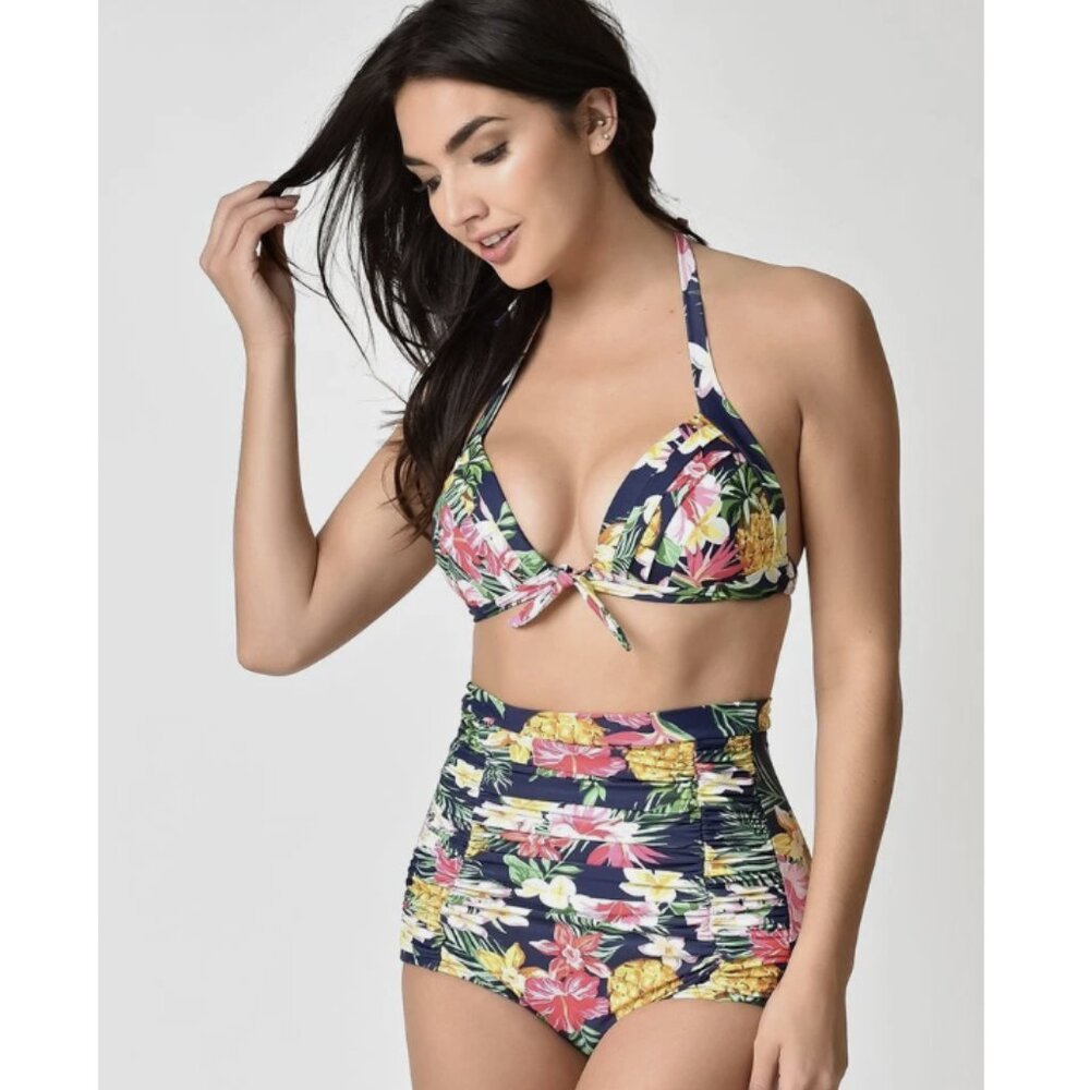 UNIQUE VINTAGE Swim Monroe Tropical Floral Bikini Set Medium Retro Pinup Ruched